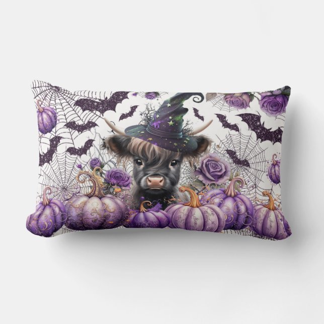 Cojín Lumbar Halloween Highland Cow Witch Purple Pumpkins (Anverso)
