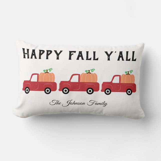 Cojín Lumbar Happy Fall Y'all Red Truck Calabaza Lumbar Pillow (Anverso)