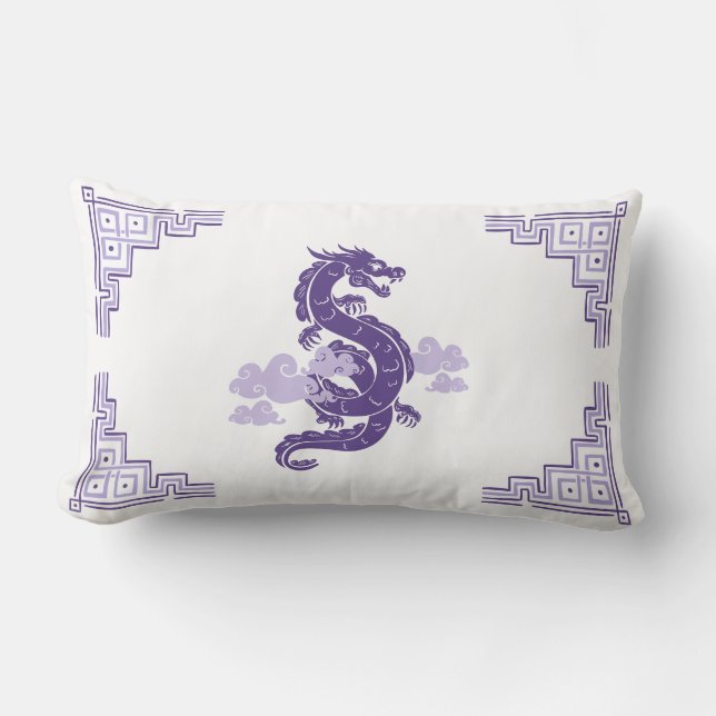 Cojín Lumbar Heather Purple Chinoiserie Dragon y Nubes (Anverso)