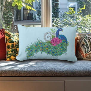 Cojín Lumbar Henna de flor de Lotus azul Peacock
