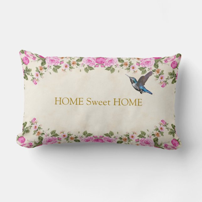 Cojín Lumbar Hermosas Flores & Colibrí Hogar Dulce Hogar (Anverso)