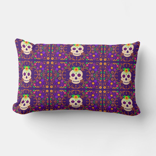Cojín Lumbar Hermoso cráneo con flores Día de los Muertos (Anverso)