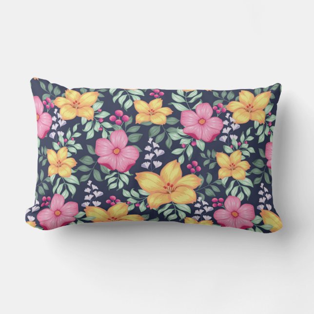 Cojín Lumbar Hermoso patrón floral Flores Foliage Blue Pink (Anverso)