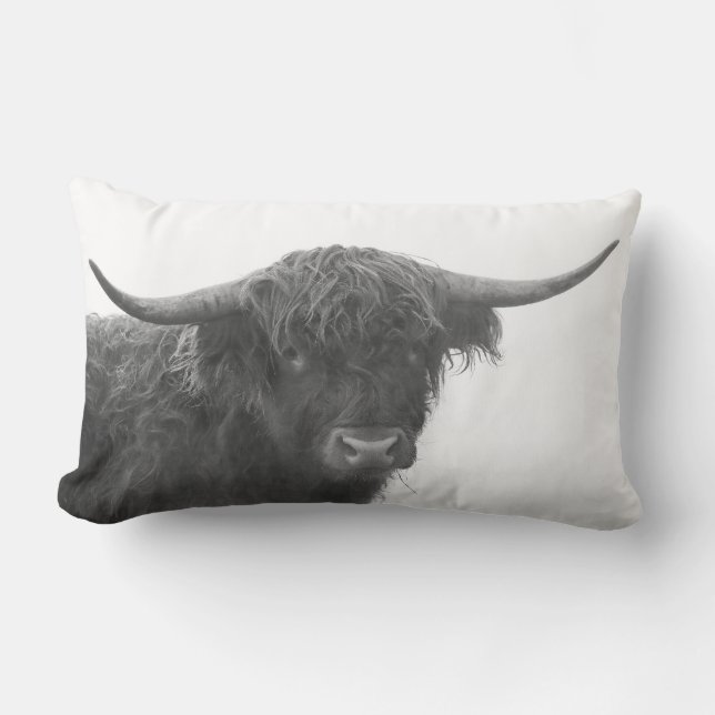 Cojín Lumbar Highland Cow Pillow Black & White (Anverso)
