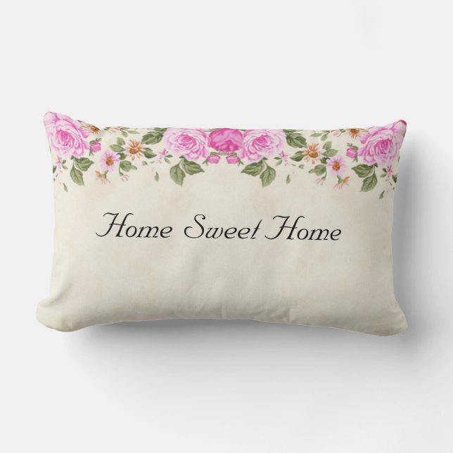 Cojín Lumbar Hogar Dulce Hogar & Hermosas Flores Rosadas  Manta (Anverso)