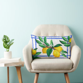 Cojín Lumbar Hojas de Limón Cítrico Amarillo Verde Hoja Azul En