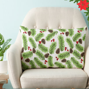 Cojín Lumbar Hojas de Pino de Navidad, Conos y Bayas sobre Blan