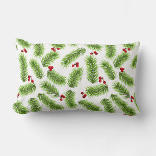 Cojín Lumbar Hojas de pino verdes de Navidad y bayas rojas sobr