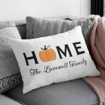 Cojín Lumbar Home Orange Pumpkin Personalized Last Name Fall<br><div class="desc">Welcome guests to your home this fall with an inviting personalized lumbar rectangle throw pillow. The simple and stylish typography design features "Home" wording with elegant custom script text for your family name and an orange harvest pumpkin accent. Includes a black,  white,  orange,  and green color scheme.</div>