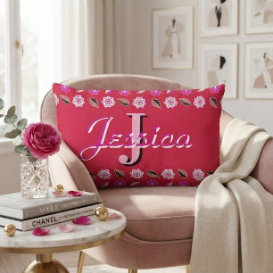 Cojín Lumbar Hot Pink Floral Pattern Personalized Monogram