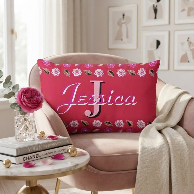 Cojín Lumbar Hot Pink Floral Pattern Personalized Monogram  (Subido por el creador)