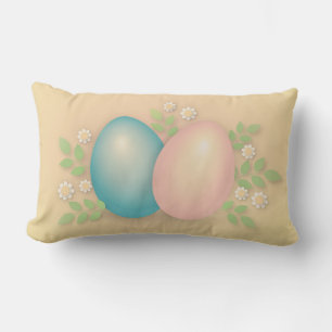 Cojín Lumbar Huevos felices de Pascua y flores amarillo pastel