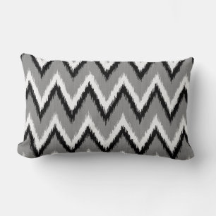 Cojín Lumbar Ikat Chevron Stripes - Gris / Gris, Negro y Blanco