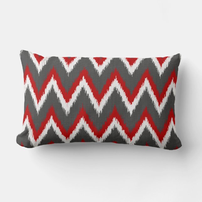 Cojín Lumbar Ikat Chevron Stripes - Rojo, Blanco y Gris / Gris (Anverso)
