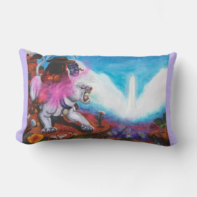 Cojín Lumbar Ilustracion acuarela Niño monta leona blanca (Anverso)
