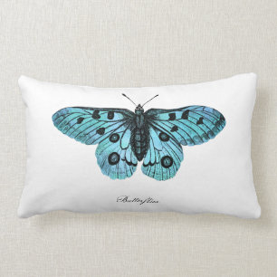 Cojín Lumbar Ilustracion azul verde azulado de la mariposa del
