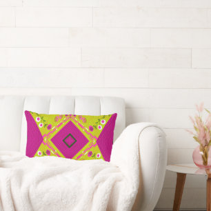 Cojín Lumbar Ilustracion bohemio Chintz Mustard Fuchsia Kale