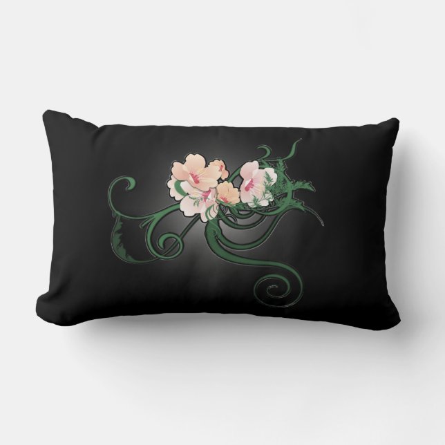 Cojín Lumbar Ilustracion de flor rosa claro en negro (Anverso)