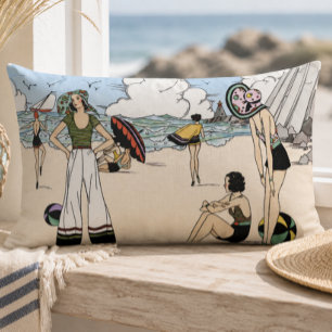 Cojín Lumbar Ilustración Vintage Art Déco de la Playa de la Déc