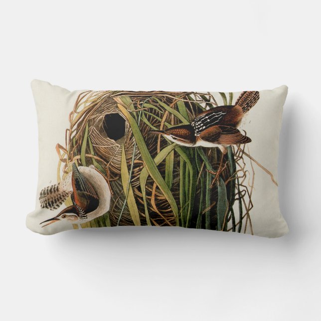 Cojín Lumbar Impresión de ave de John James Audubon Marsh Wren (Anverso)