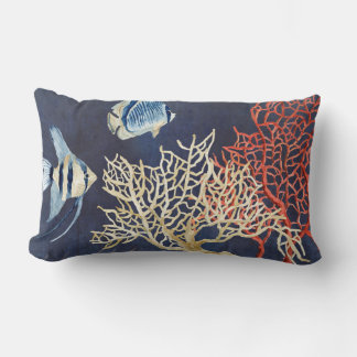 Cojín Lumbar Indigo Ocean Beach Tropical Fish Watercolor Coral