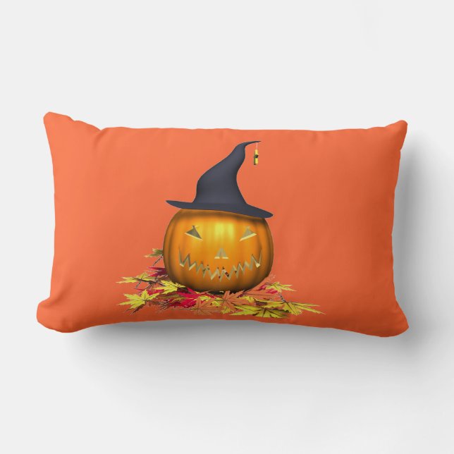Cojín Lumbar Jack-O-Lantern y hojas- (Anverso)