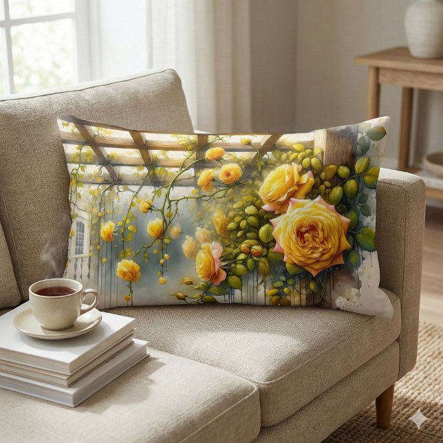 Cojín Lumbar Jardín de acuarela de rosas amarillas (Yellow Roses Watercolor Garden Lumbar Pillow Mockup A)