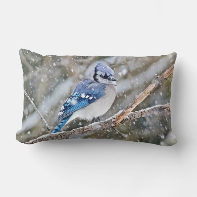 Cojín Lumbar Jay azul en tormenta de nieve (Anverso)