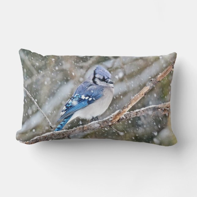 Cojín Lumbar Jay azul en tormenta de nieve (Anverso)