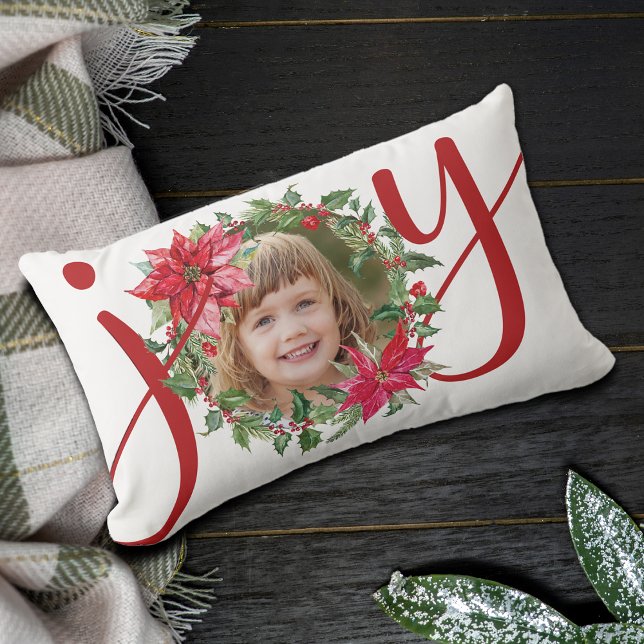 Cojín Lumbar JOY Navidades Wreath Photo (JOY Christmas Wreath Photo Lumbar Pillow)