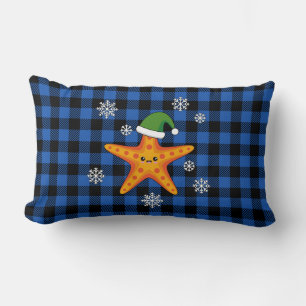 Cojín Lumbar Kawaii Navidad Starfish en patrón de búfalo azul