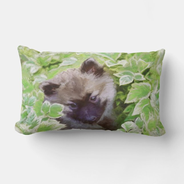Cojín Lumbar Keeshond Puppy en el Jardín Pintura Arte Original (Anverso)