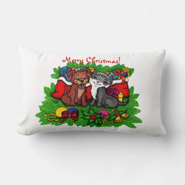 Cojín Lumbar Kitty and Puppy , Happy XMas (Anverso)