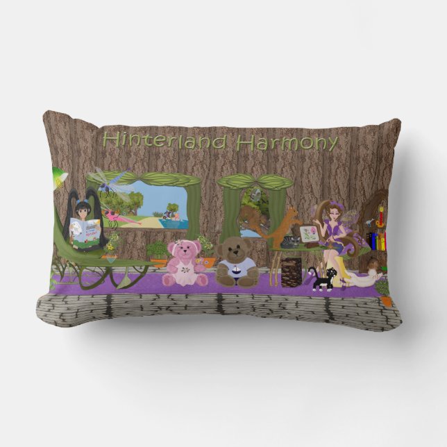 Cojín Lumbar KLeighE y Dharma en una casa de árbol con osos (Anverso)