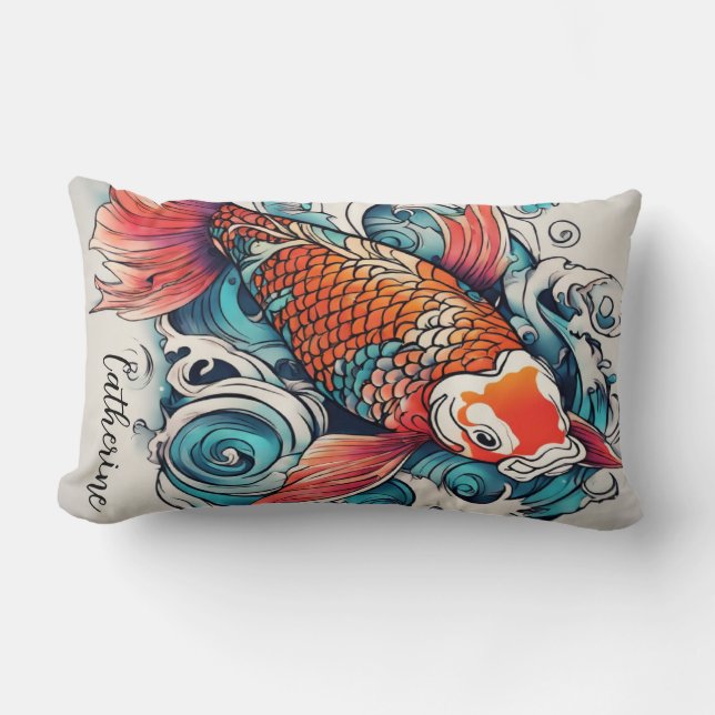 Cojín Lumbar Koi Fish, hermosa carpa japonesa, personalizada (Anverso)