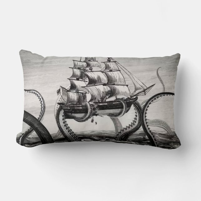 Cojín Lumbar Kraken/pulpo Eatting un barco pirata, negro/blanco (Anverso)