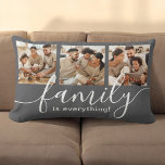Cojín Lumbar La familia es todo el Collage de fotos gris<br><div class="desc">Acentúe su hogar con esta atractiva almohada lumbar con 3 fotos familiares especiales. El guión moderno escrito a mano dice "¡la familia lo es todo!" Comparte recuerdos del apreciado tiempo familiar dedicado juntos y muestra lo que es importante para ti. Ya sean miembros de su familia familiar o familia extendida,...</div>