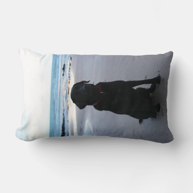 Cojín Lumbar Labrador negro en una playa (Anverso)