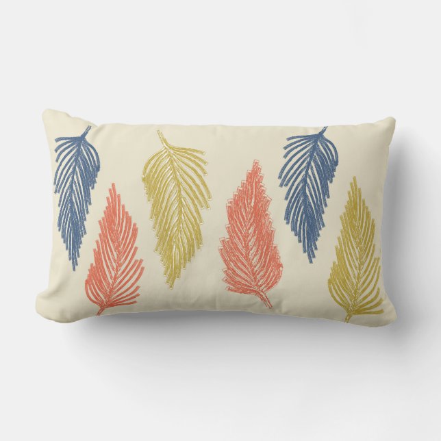 Cojín Lumbar Las plumas del Boho en azul, Naranja y amarillo (Anverso)