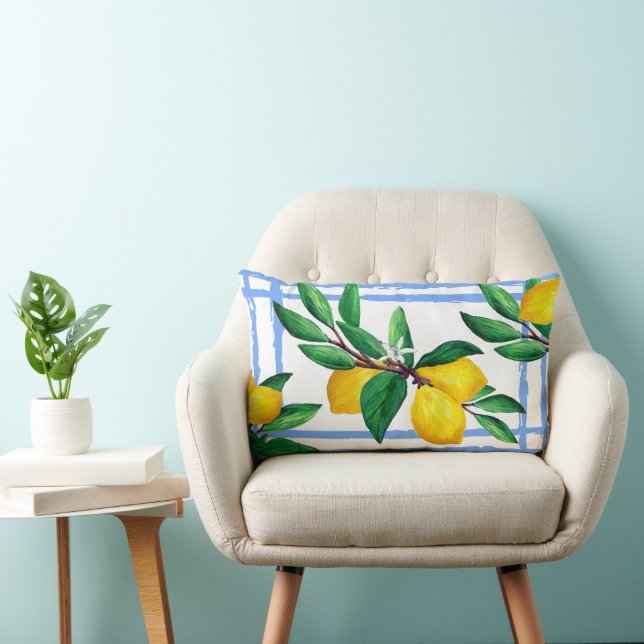 Cojín Lumbar Lemon Leaf Watercolor Pillow | Amalfi Blue Citrus (Silla)