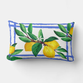 Cojín Lumbar Lemon Leaves Citrus Yellow Green Leaf Blue Lattice