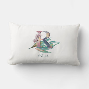 Cojín Lumbar Letra floral R personalizado Foliage acuarela Mono