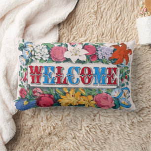 Cojín Lumbar Letras de bienvenida Rosas Lirios Jardín de flores