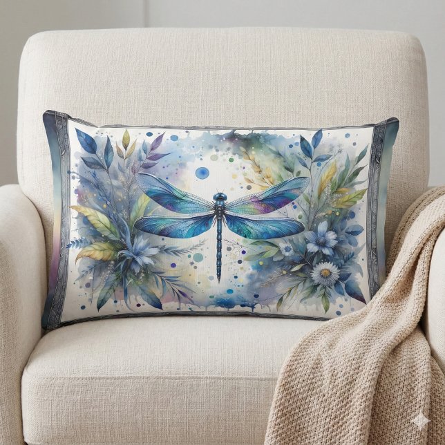 Cojín Lumbar Libélula Azul Acuarela Botánica (Blue Dragonfly Botanical Watercolor Lumbar Pillow Mockup A)