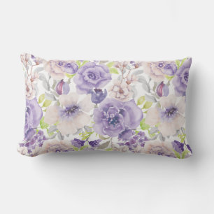 Cojín Lumbar Lila Púrpura Acuarela Floral Botánico