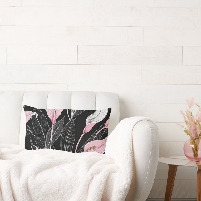 Cojín Lumbar Lilis blancas, negras y rosas (Sofá)