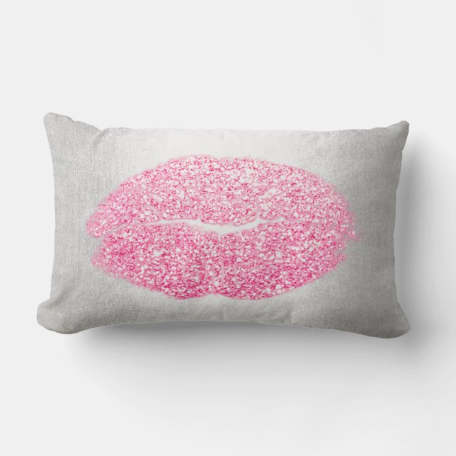 Cojín Lumbar Lips Purpurina Gray Candy Rosa Makeup Kiss Silver (Anverso)