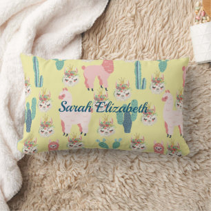 Cojín Lumbar Llamas rosadas lindas y cactus verde Personalizado