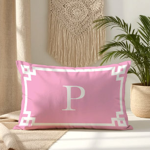 Cojín Lumbar Llave Griega Monograma Rosa Claro y Blanco