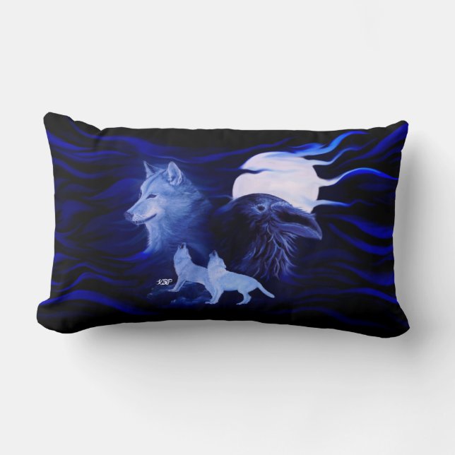 Cojín Lumbar Lobo y Raven con luna llena (Anverso)